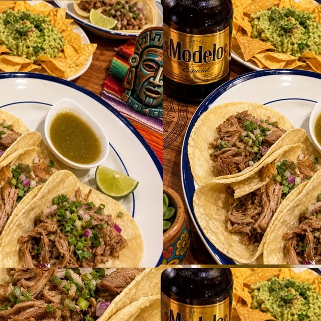 Tacos with salsa verde and a Modelo